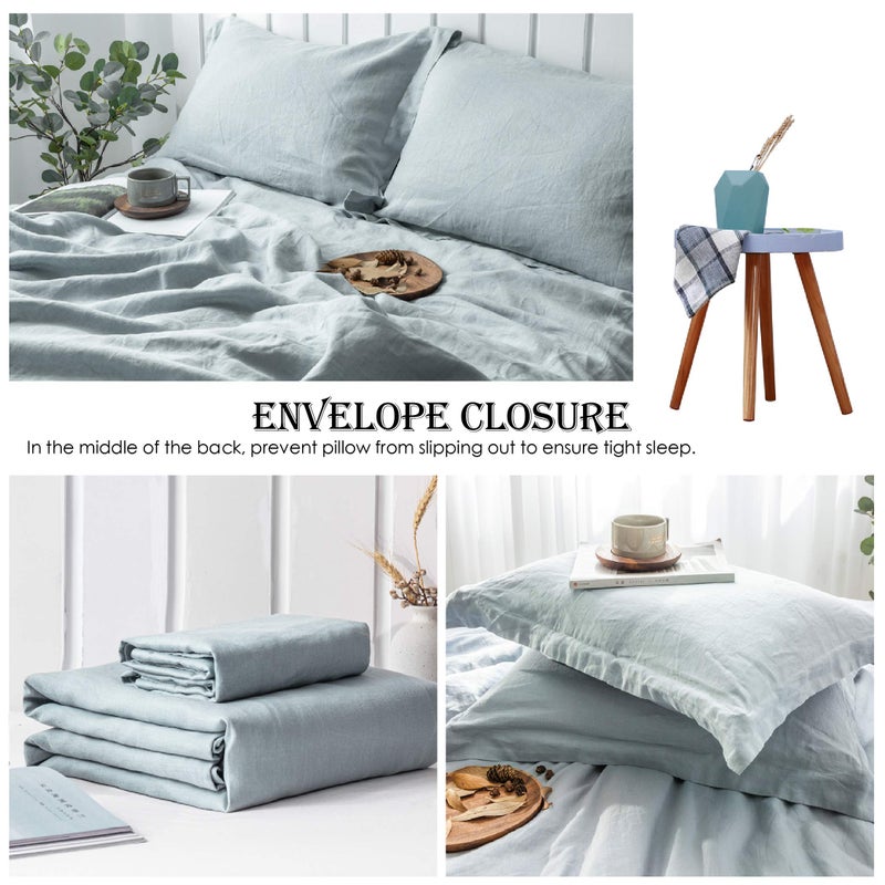 Simple&Opulence 100% Linen Duvet Cover Set 3pcs Basic Style Natural French Washed Flax Solid Color Soft Breathable Farmhouse Bedding with Button Closure - Dusty Blue, Queen - Image 4